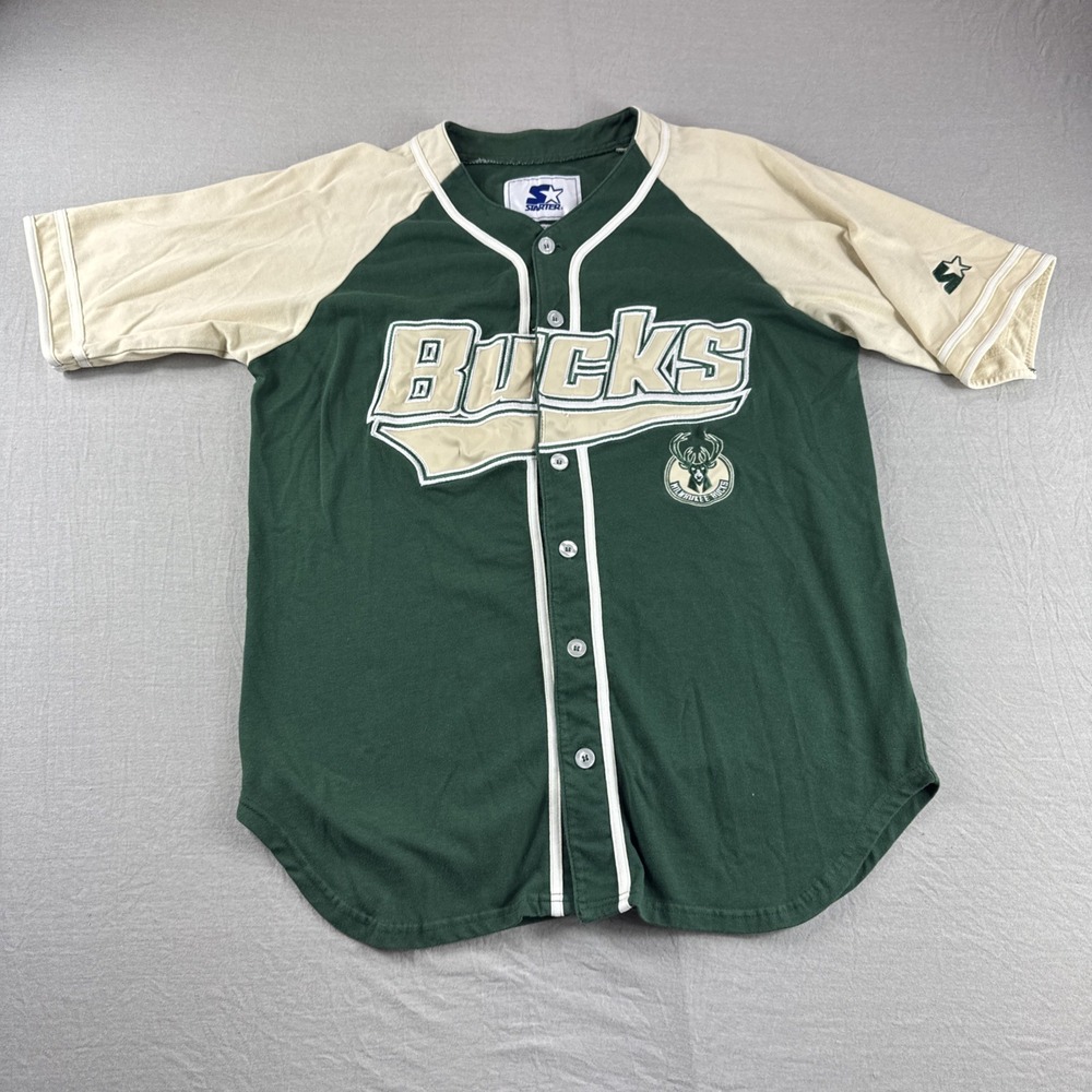 Milwaukee Bucks Starter Baseball Jersey Mens M Green Embroidered Button Up NBA